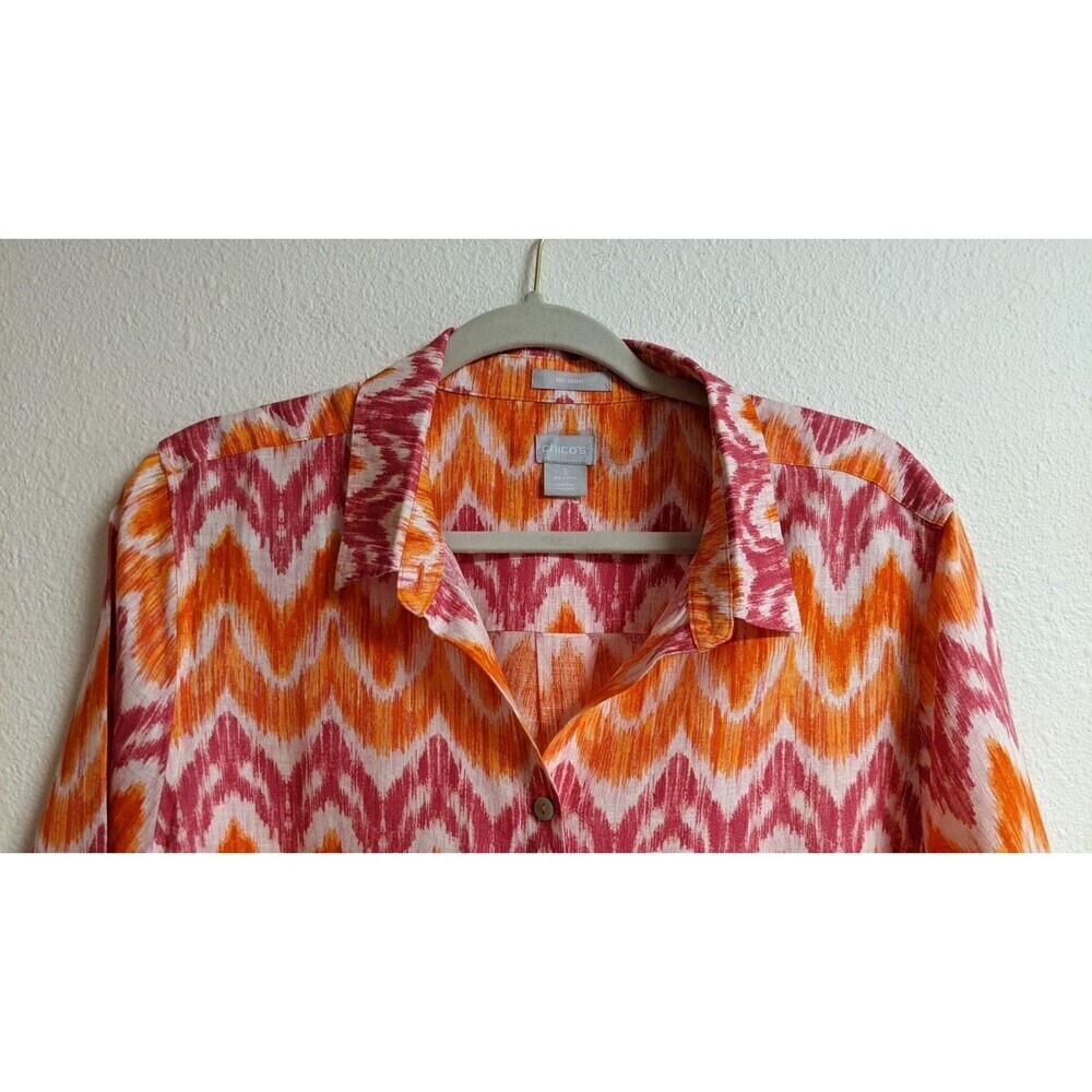 CHICO'S 100% Linen Multi-Colored Shirt Dress Swim Cover Roll-Tab Sleeves 3/16 - Picture 2 of 10